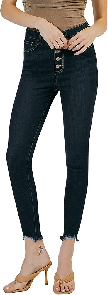 Kan Can Women's High Rise Button Fly Distressed Super Skinny Jeans | Amazon (US)