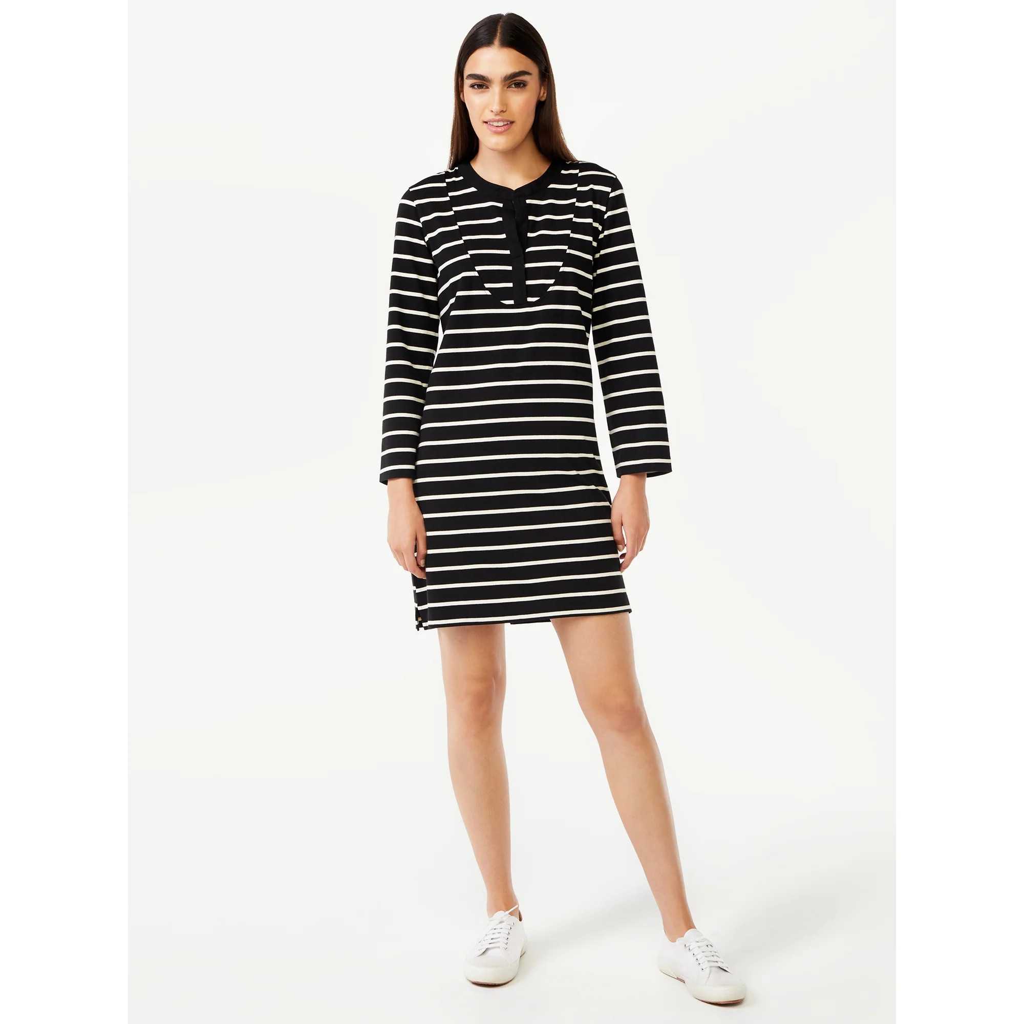 Free Assembly Women's Striped T-Shirt Bib Mini Dress with Long Sleeves | Walmart (US)