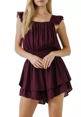 Free The Roses Women's Ruffled Hem Romper, Burgundy, XS | Belk
