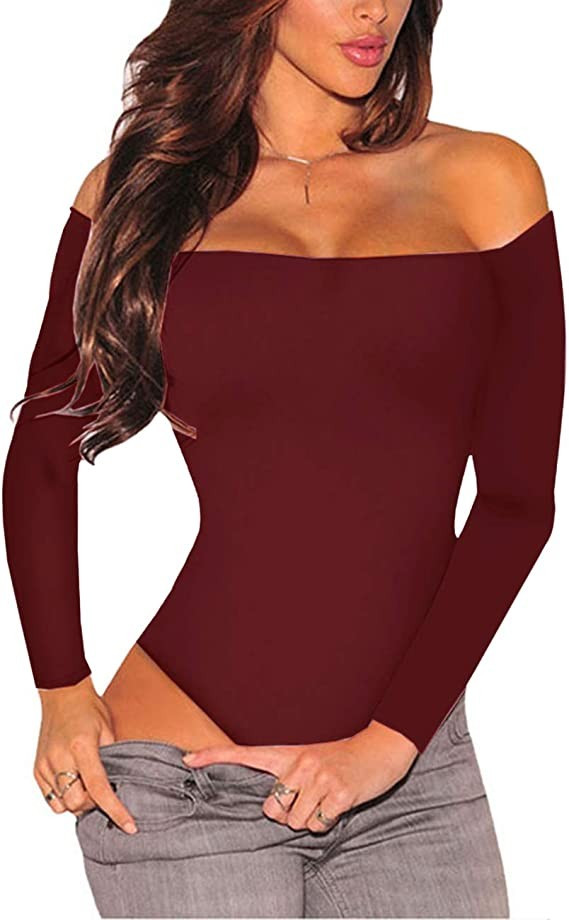 Lrady Women's Long Sleeves Bodysuit Off Shoulder Leotard Jumpsuits Rompers Tops | Amazon (US)
