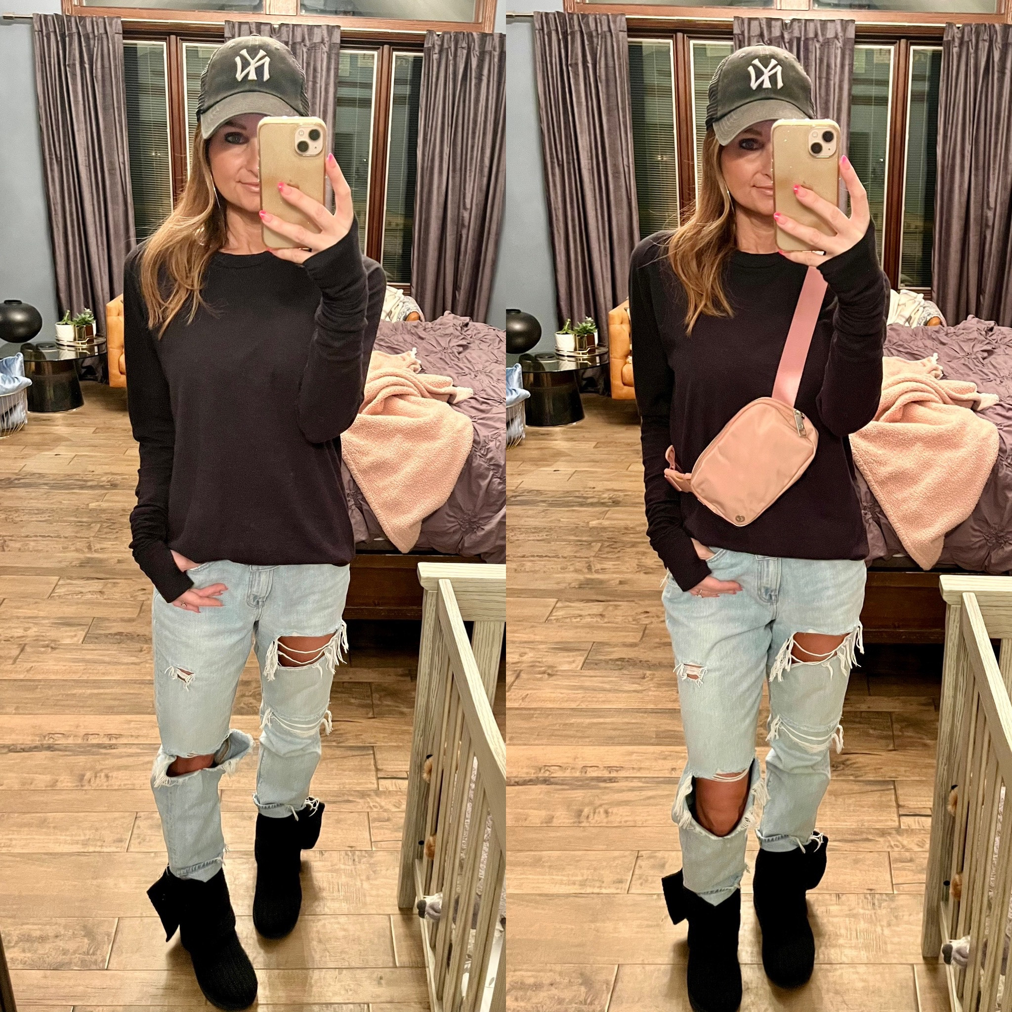 Wearing XS in top, comes in several colors. I have 2 and love them. Linked similar hats. Belt bags are in stock, yay! Ripped mom jeans out of stock. Linked others. Cardy Ugg boots are so comfy, found them on Amazon for you, hope they’re the real deal. Also, I’m a 7.5 shoe, but I actually prefer the Lg Bombas socks. They’re more comfy for me. So you could size up.

Casual outfit 
Ootd
Get ready with me


#LTKunder100 #LTKstyletip