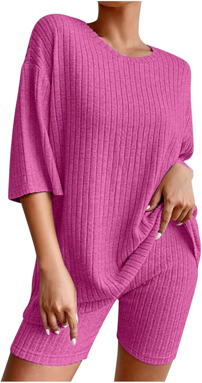 Oggfader Sweater Sets Women 2 Piece Outfits 2023 Summer Loose Casual Knitting Cotton Short Sleeve... | Amazon (US)