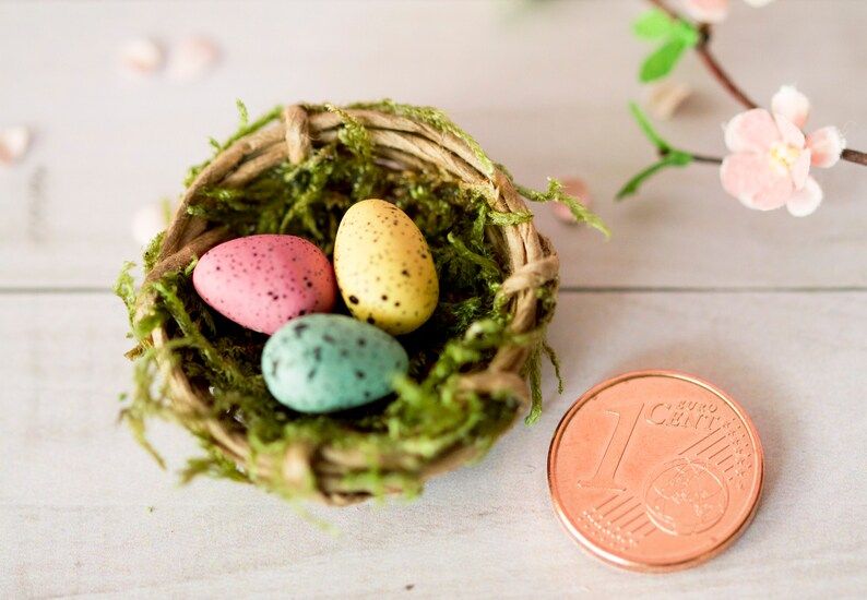 Miniature nest with pastel colored speckled eggs Easter | Etsy | Etsy (US)