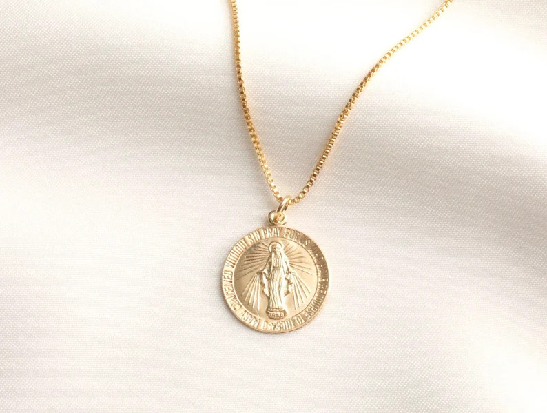 14k Gold Filled Virgin Coin Mary Necklace, Gold Medallion Necklace, Coin Necklace, Layering Neckl... | Etsy (US)