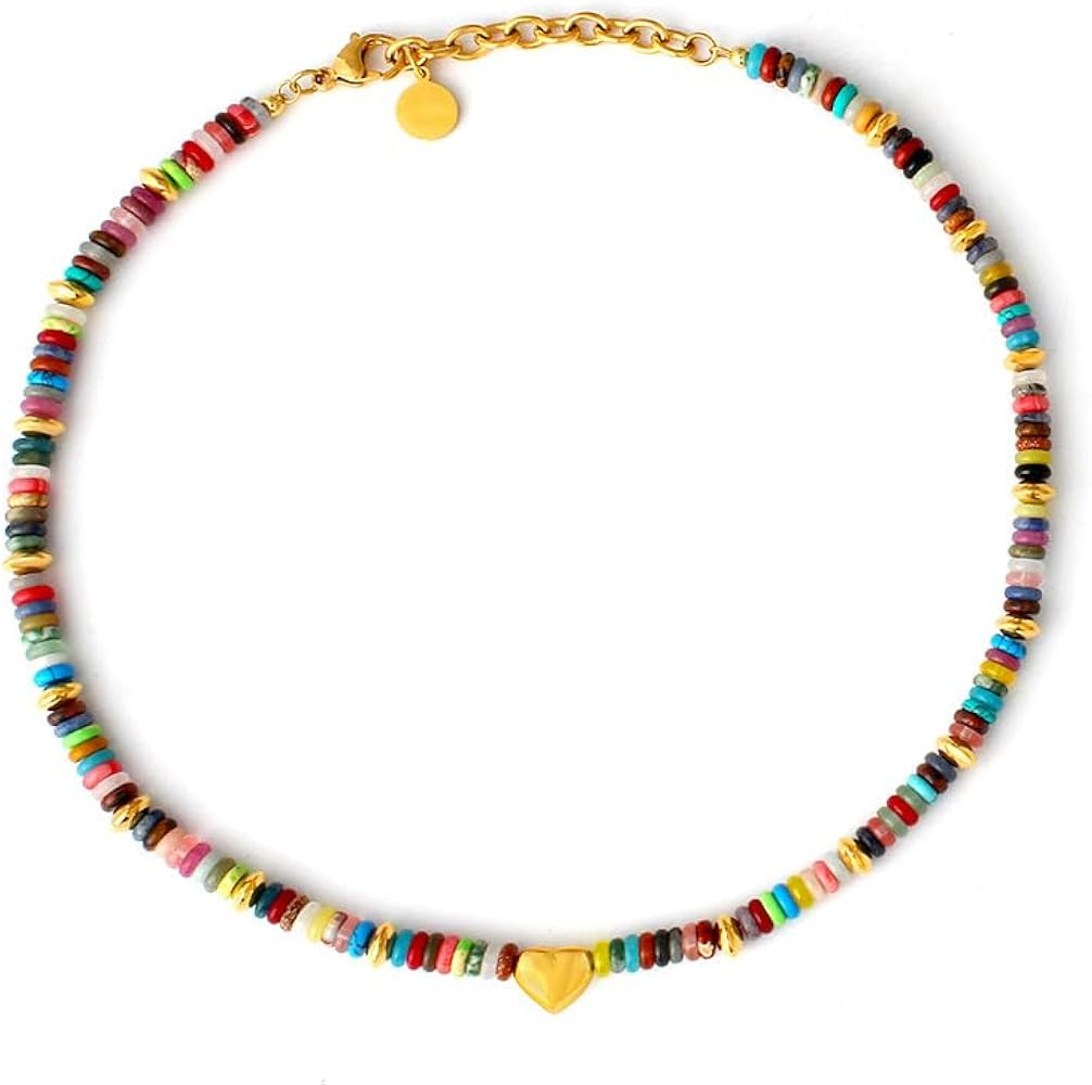 Bead Choker Necklace Natural Stone Gemstone Colorful Beaded Necklace 18K Gold Plated Boho Seed Be... | Amazon (US)