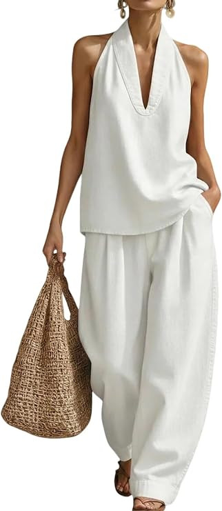 Women's 2 Piece Denim Outfits, Minimalist Halter Neck Top and High Waisted Wide Leg Pant Casual T... | Amazon (US)