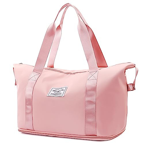 Travel Duffel Bag Large Capacity Folding Travel Bag Sports Tote Gym Bag with Trolley Sleeve Lightweight Weekender Overnight Carry on Bag for Travel Sports Gym Pink | Amazon (US)