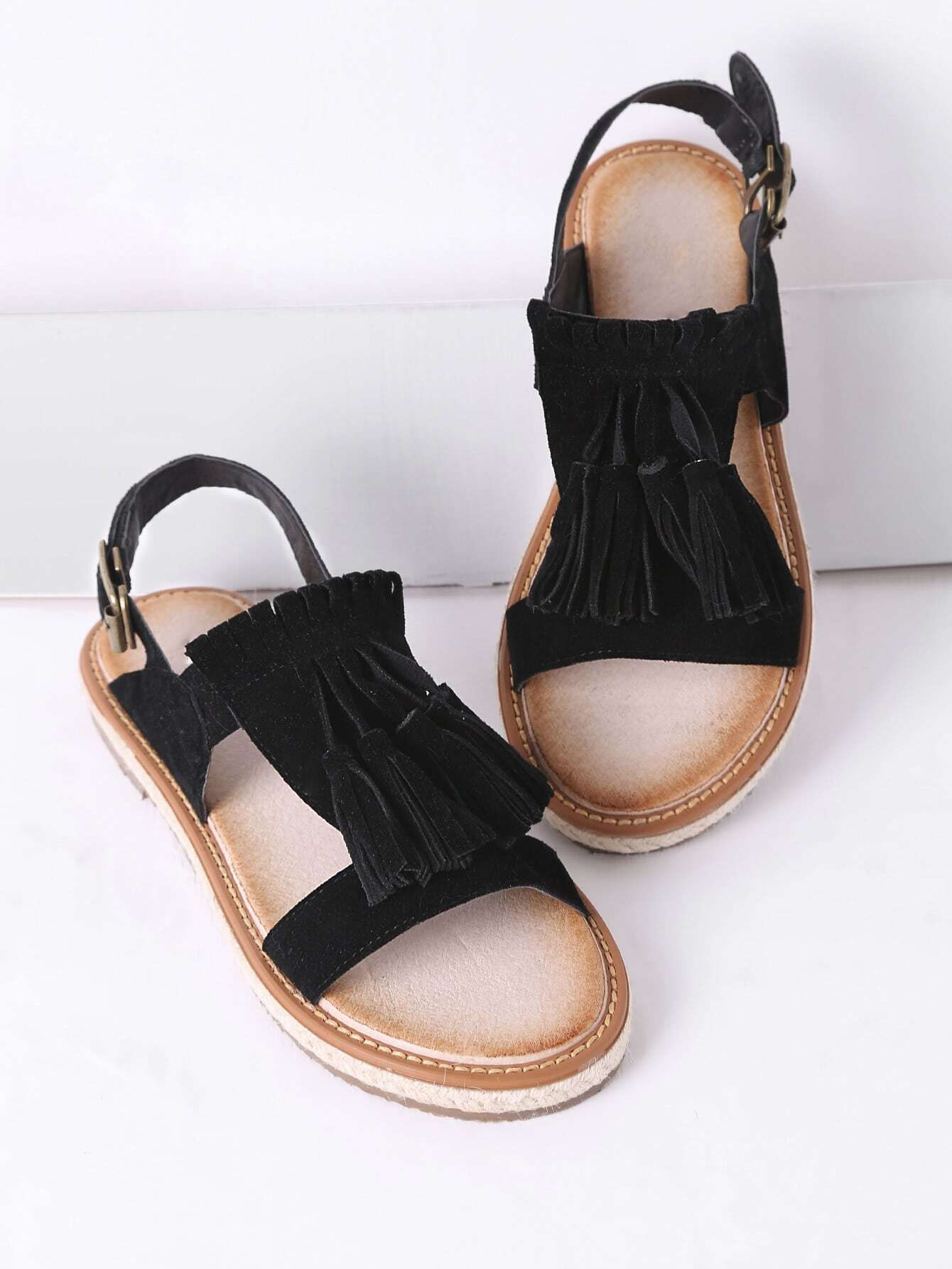 Black Tassel Espadrille Flat Sandals | ROMWE