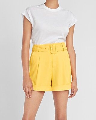 LadyGang High Waisted Yellow Belted Shorts | Express
