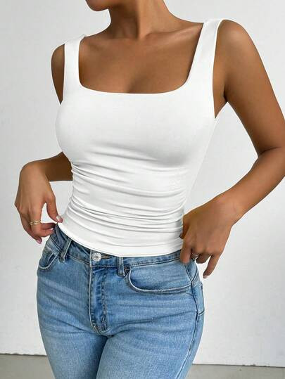 Elenzga Plus-Size Women's Square Neck Sleeveless Tank Top, Spring/Summer, Vacation, Basic Whi... | SHEIN