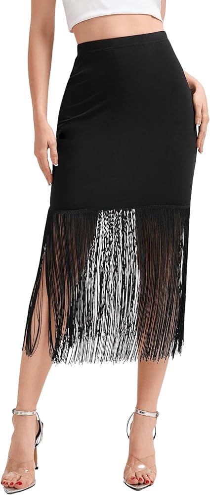 SweatyRocks Women's Elegant High Waisted Pencil Skirt Tassel Solid Bodycon Midi Skirt | Amazon (US)