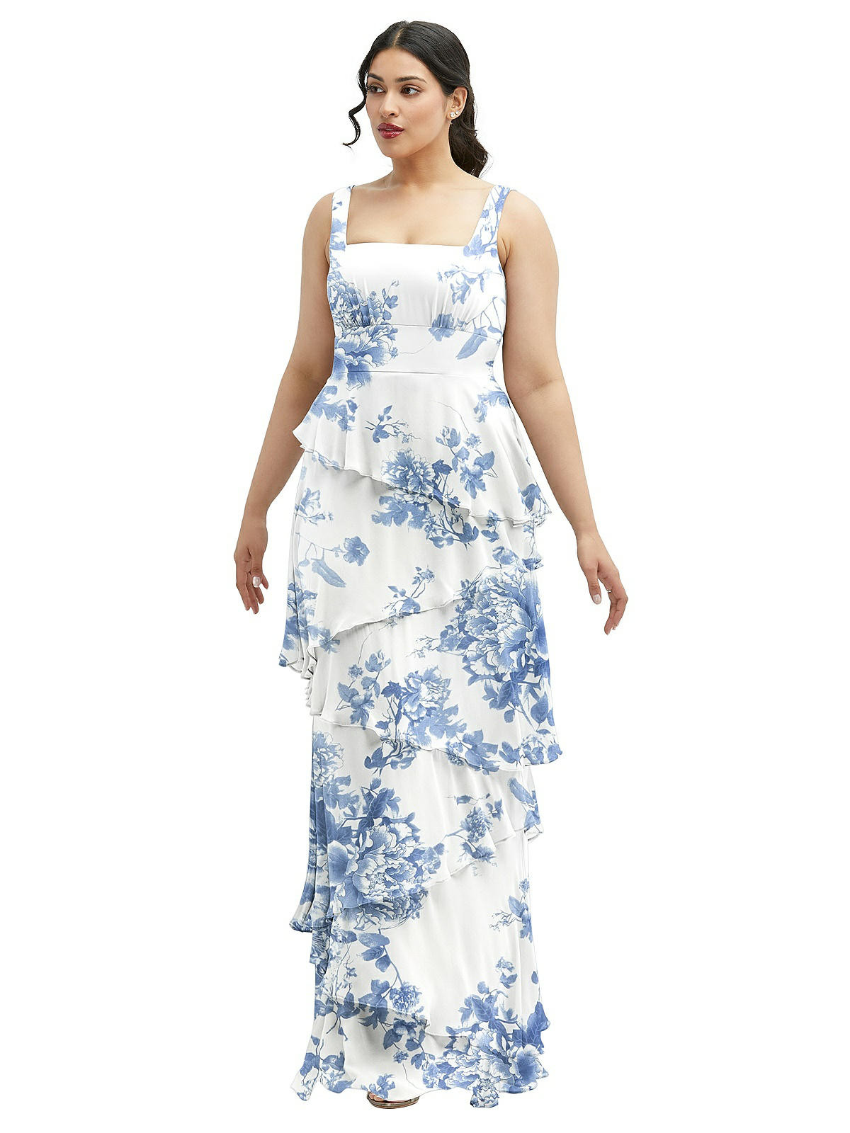 Asymmetrical Tiered Ruffle Chiffon Maxi Dress with Square Neckline | The Dessy Group