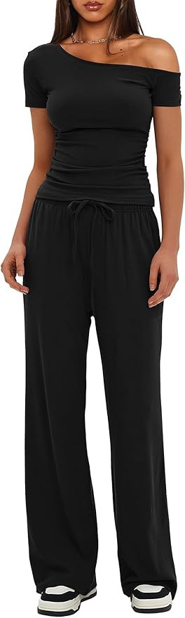 Darong Women's 2 Piece Outfits Lounge Sets Off Shoulder Short Sleeve Tops and High Waisted Wide L... | Amazon (US)