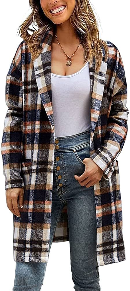 APAFES Red Plaid Shacket Womens Long Suit Collar Fall Flannel Jackets Trench Pea Coat | Amazon (US)