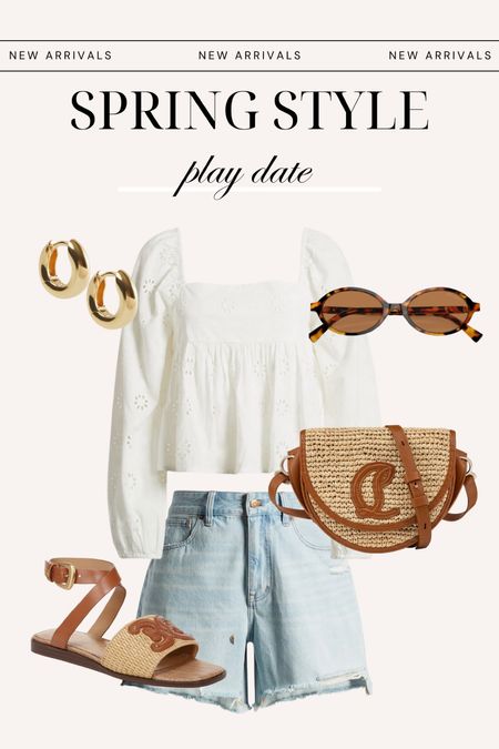 Play date spring style! 
Eyelet top, denim shorts, strap sandals, hoop earrings, oval sunglasses, raffia crossbody bag

#LTKSeasonal #LTKshoecrush #LTKfindsunder100