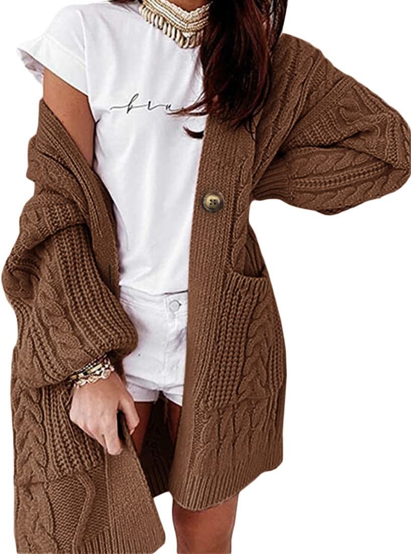 Ricristy Womens Cardigans Open Front Long Sleeve Cable Knit Chunky Long Cardigan Sweaters with Pocke | Amazon (US)