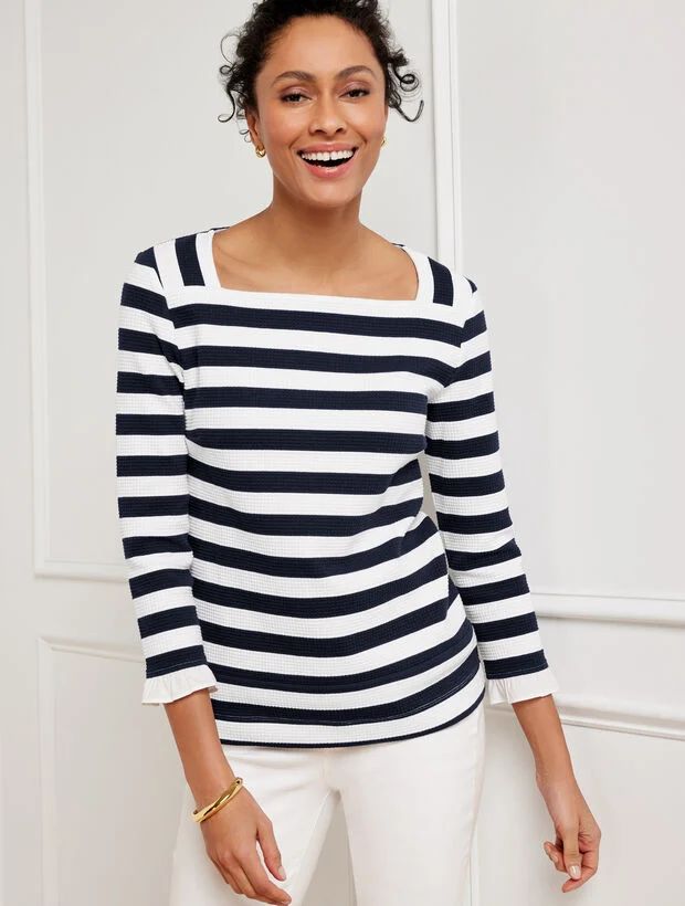 Ruffle Cuff Square Neck Tee - Stripe | Talbots