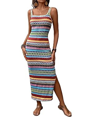 COZYEASE Women's Summer Dress Geometric Boho Split Side Square Neck Tank Dress Casual Long Beach ... | Amazon (US)