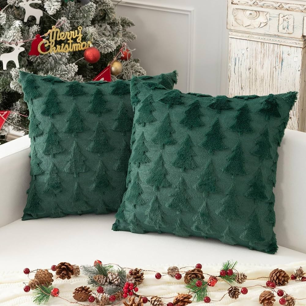 Christmas Tree Pillow Covers Set of 2 18x18 inches, 3D Xmas Tree Shaped Faux Fur Throw Pillow Cov... | Amazon (US)