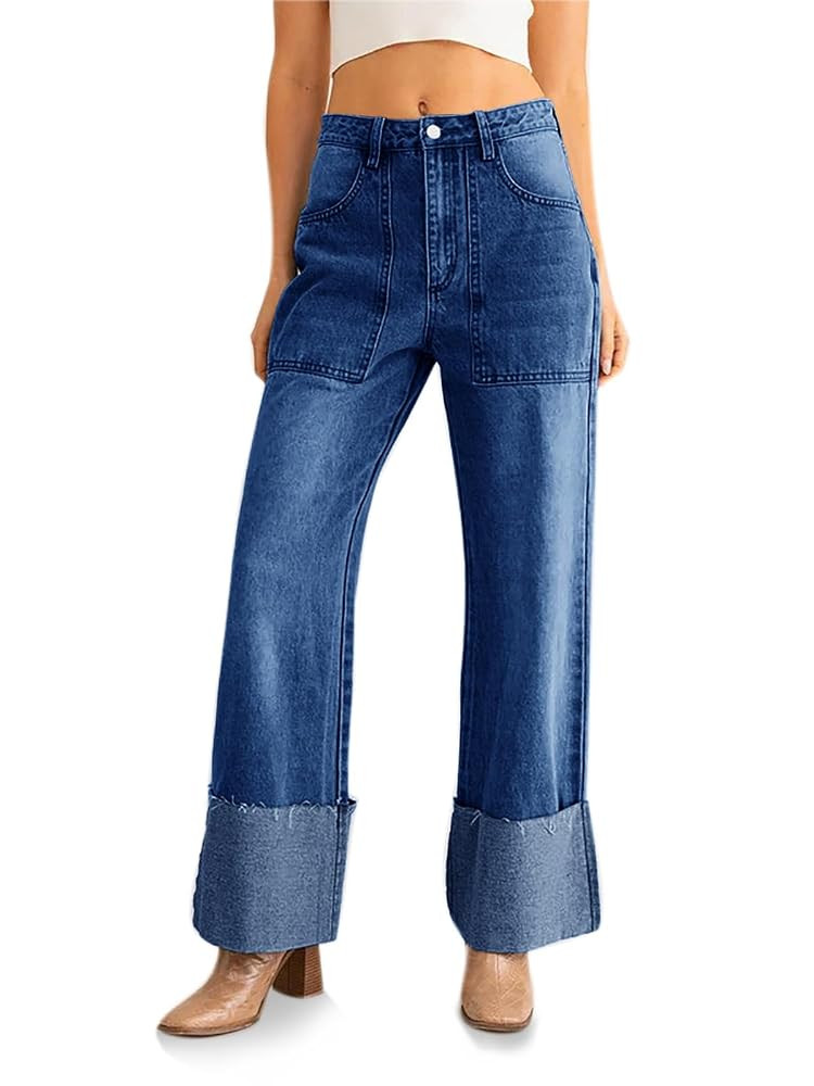 PLNOTME Womens Baggy Cuffed Jeans Casual Straight Leg Boyfriend Denim Pants with Pockets | Amazon (US)