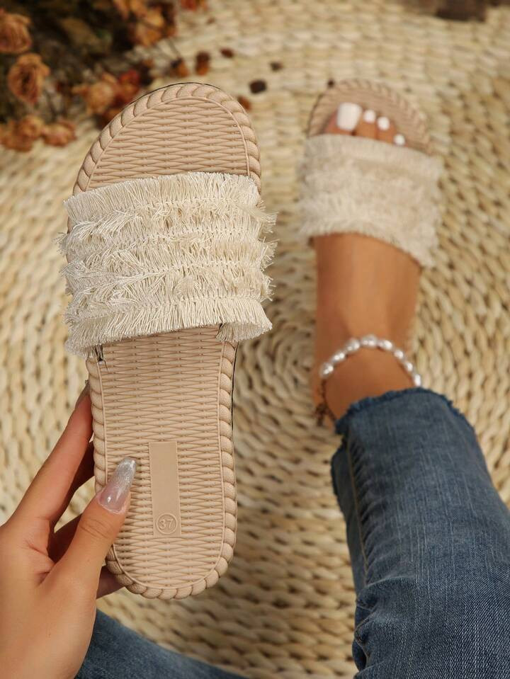 Vacation Slide Sandals For Women, Fringe Trim Single Band Flat Sandals | SHEIN