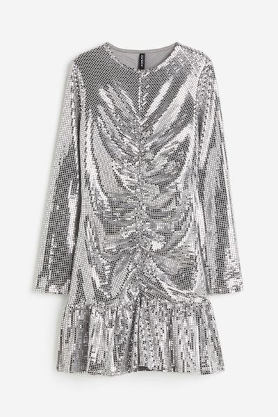 Sequined gathered dress - Silver-coloured - Ladies | H&M GB | H&M (UK, MY, IN, SG, PH, TW, HK)