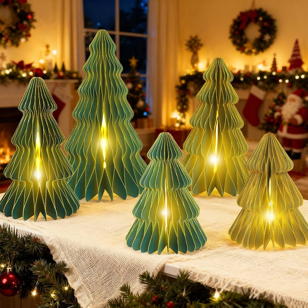 5Pcs Christmas Honeycomb Table Decorations Indoor, Lighted 3D Honeycomb Paper Christmas Trees, Vi... | Amazon (US)