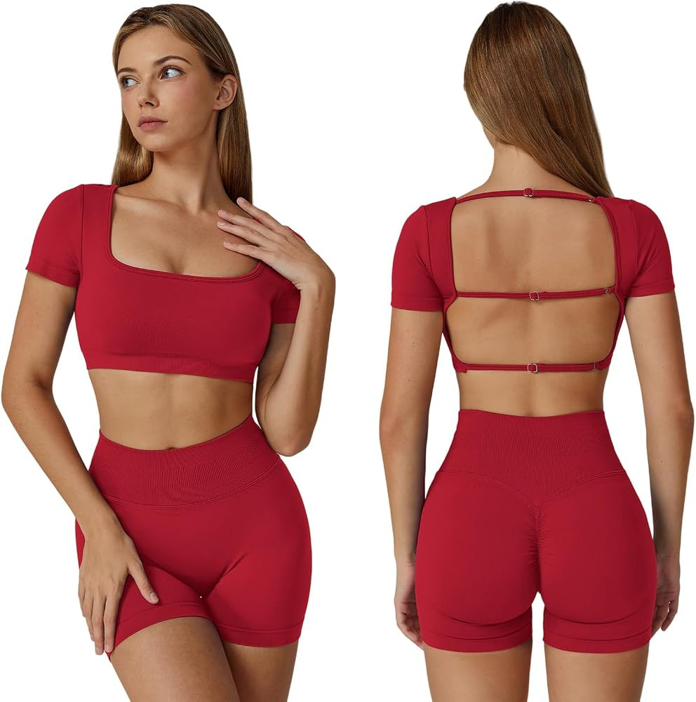 ABOCIW Workout Sets for Women 2 Piece Seamless Scrunch Butt High Waist Shorts Backless Short Slee... | Amazon (US)