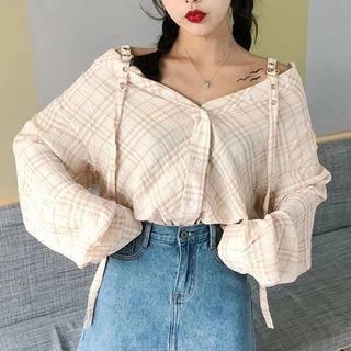 Plaid Off Shoulder Shirt | YesStyle Global