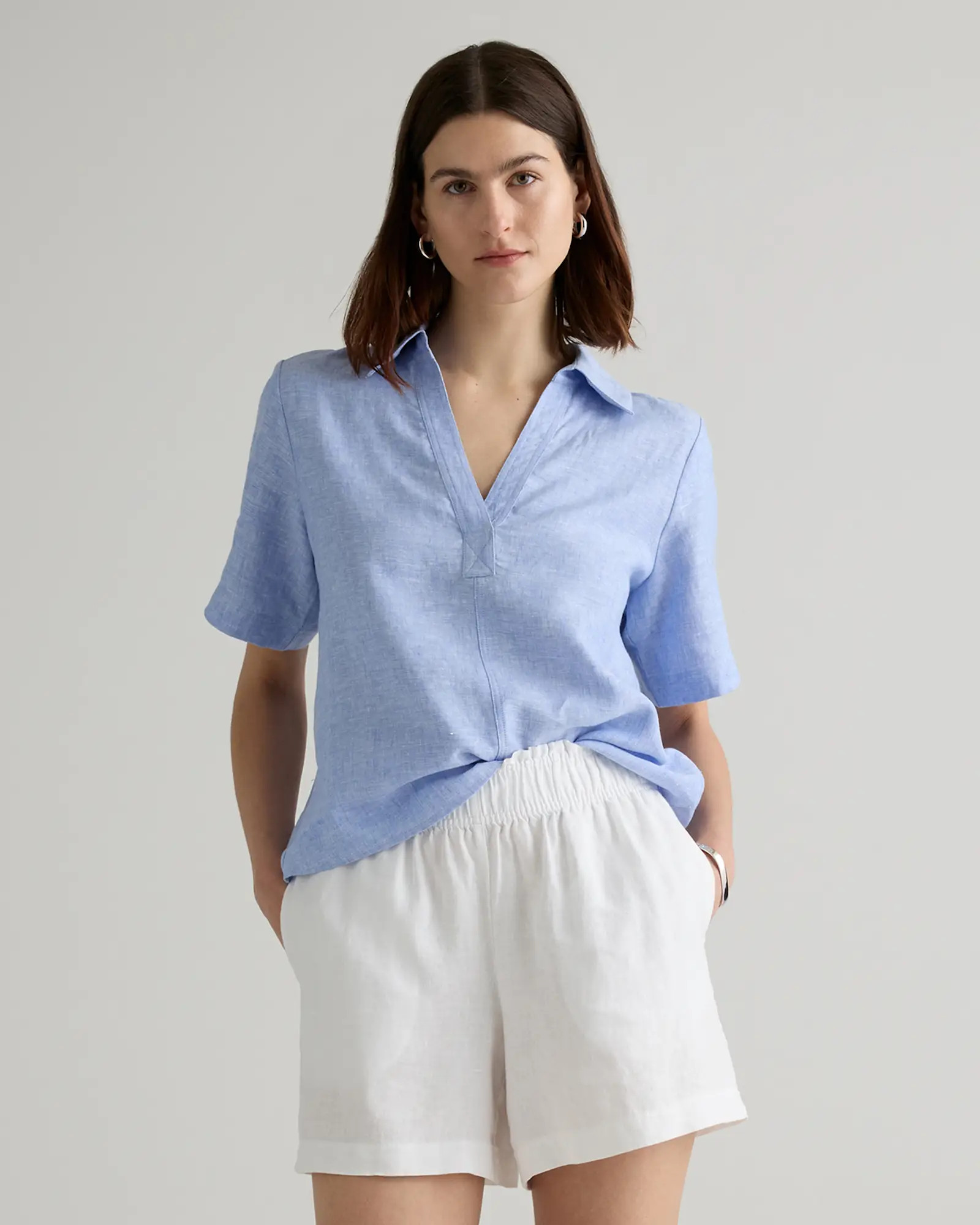 100% European Linen Short Sleeve Popover Top in French Blue | Quince