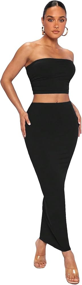 GORGLITTER Women's Sexy Two Piece Outfits Strapless Bandeau Tube Tops and Bodycon Midi Skirt Sets | Amazon (US)