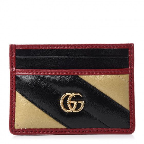 GUCCI Vintage Effect Calfskin Matelasse Diagonal Striped Torchon GG Marmont Card Holder Black Beige | Fashionphile