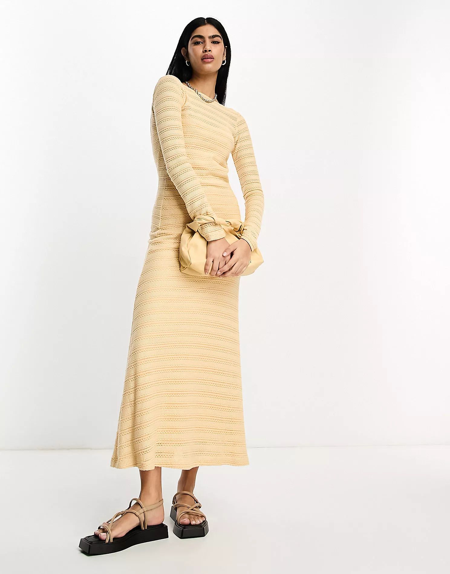 ASOS DESIGN long sleeve maxi crochet dress in buttermilk | ASOS (Global)