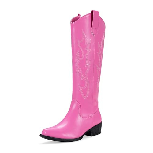 Jeossy Pink Cowboy Boots for Women,Western Cowgirl Boots,Square Toe Knee High Embroided Pull on Wide Calf Boots with Inside Zipper Size 9.5(DJY9809 pink 09.5) | Amazon (US)