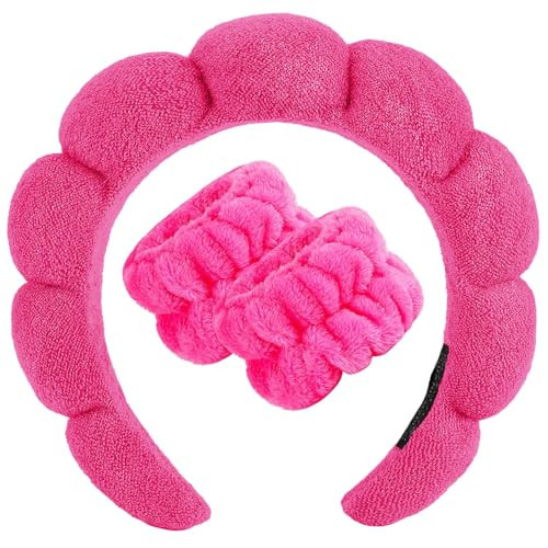 Zkptops Spa Headband for Women Sponge Makeup Skincare Headband Washing Face Wristband Set Terry Cloth Bubble Soft Get Ready Hairband Puffy Padded Headwear Non Slip Thick Hair Accessory(Hot Pink-2) | Amazon (US)
