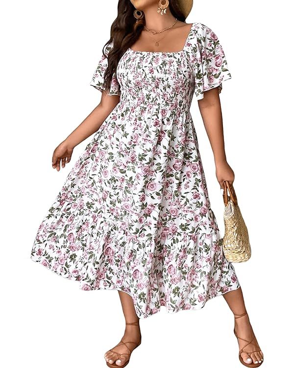Floerns Women's Plus Size Floral Print Tie Front Square Neck Slit Hem Midi Dress | Amazon (US)