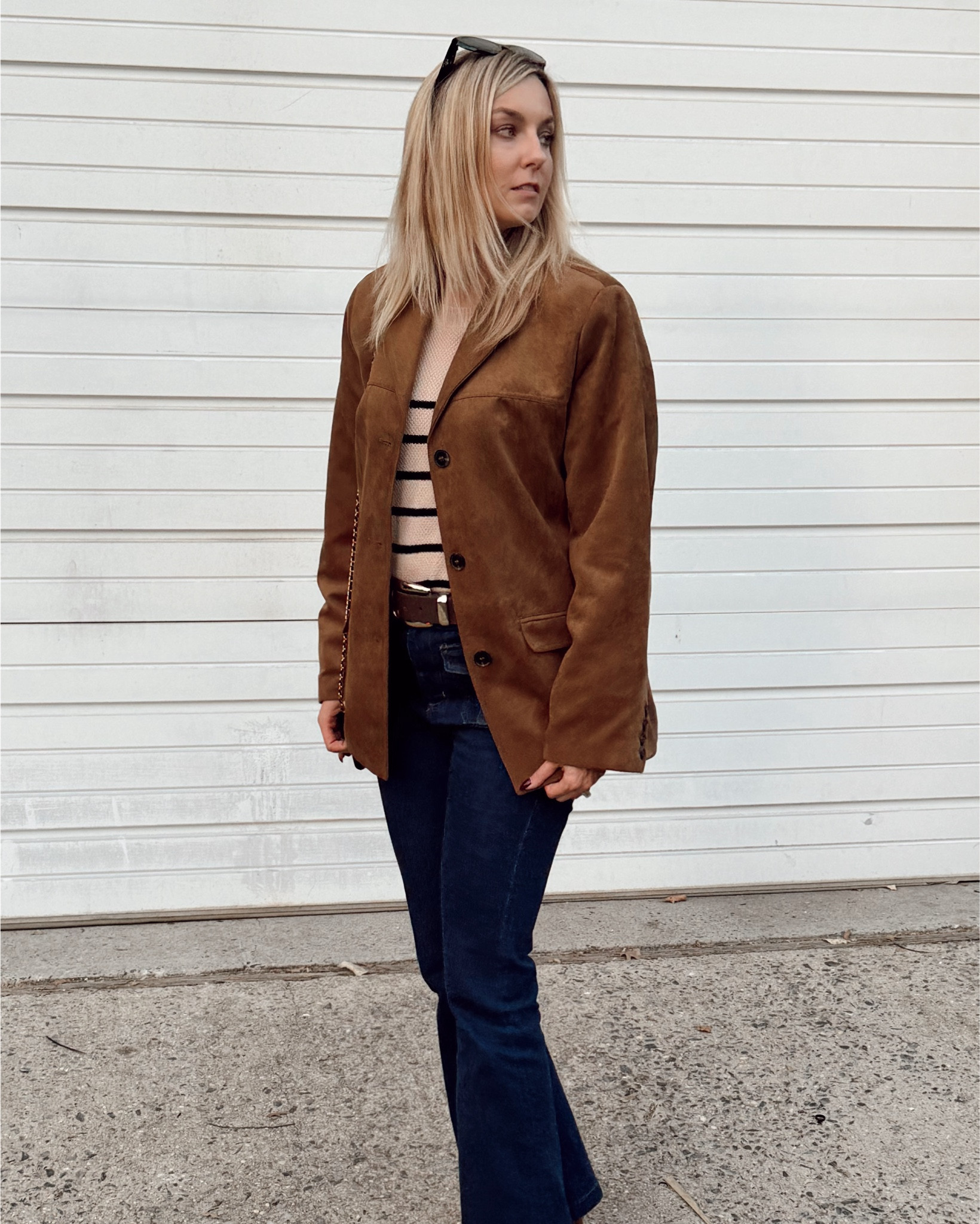 Suede jacket for fall.
Mine is from H&M, unfortunately sold out so linking similar! 
Amazon striped sweater,
Loft flare jeans,
Walmart beige booties 
ChocolateBrown belt from Nordstrom Rack

Fall outfit, brown jacket, fall jacket, business casual, fall fashion, jacket fall, street style, autumn outfit, trend alert,
Fall sweater 

#LTKHalloween #LTKStyleTip #LTKWorkwear