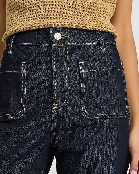 High Waisted Patch Pocket Relaxed Flare Dark Wash Jeans | Express