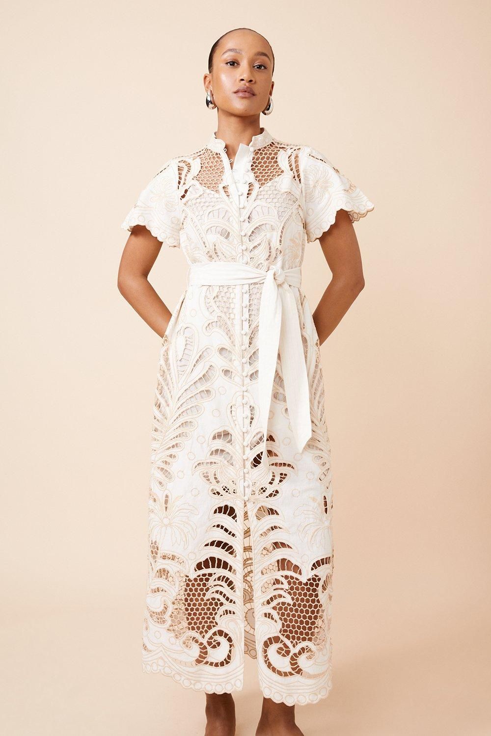 Linen Cutwork Embroidery Woven Midi Dress | Karen Millen US