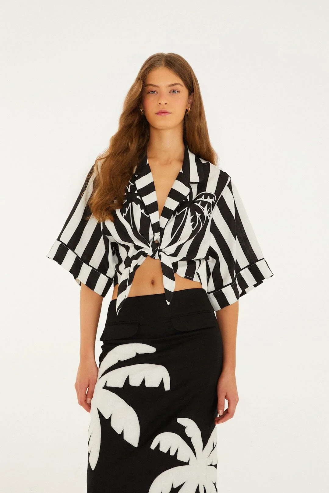 Black Spring Stripes Short Sleeve Crop Top, SPRING STRIPES BLACK / S | FarmRio (US)