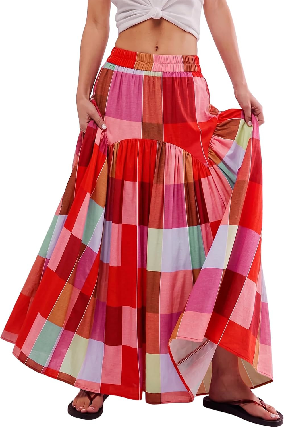 TinyCribz Women's Boho Ruched Plaid High Waist Floor Length Maxi Skirt | Amazon (US)