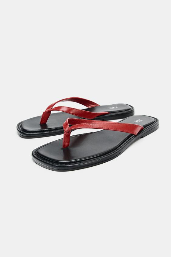 Zara - Leather Contrast Sandals - Red - 3 - Woman | Zara UK
