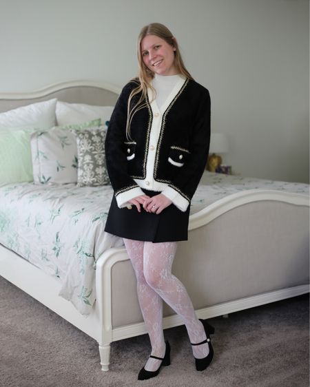 Blair Waldorf inspired outfit with fuzzy contrast cardigan. Chanel cardigan  

#LTKSeasonal