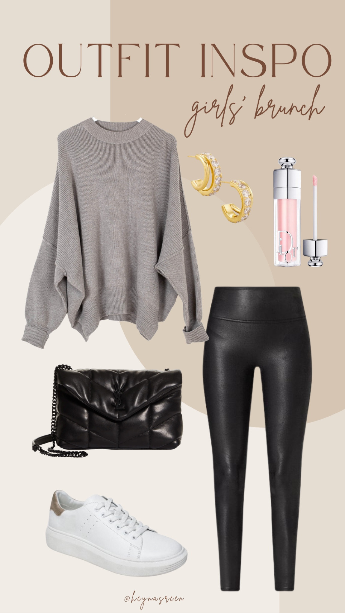 Outfit inspo girls’ brunch 
Free People tunic, Spanx faux leather leggings, Kendra Scott huggies, Dior lipgloss, Walmart sneakers, Saint Laurent toy bag 

#LTKstyletip