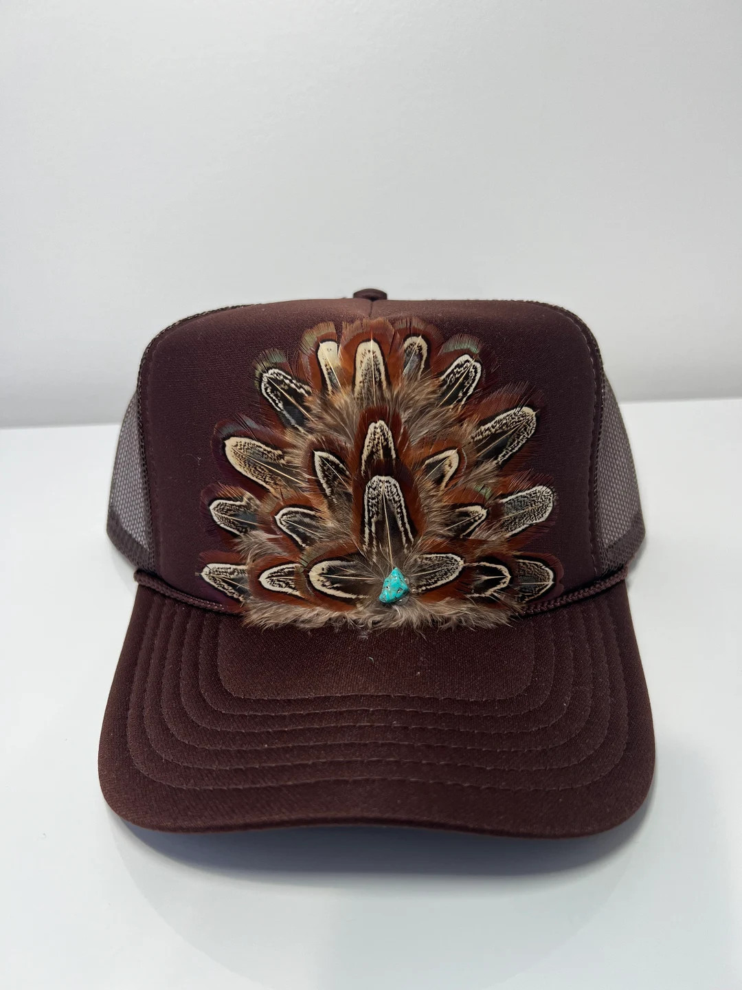 FEATHER Trucker Hat Cowgirl Western Roddo Hat Turquoise Stone Embellished Trucker Hat Brown - Ets... | Etsy (US)