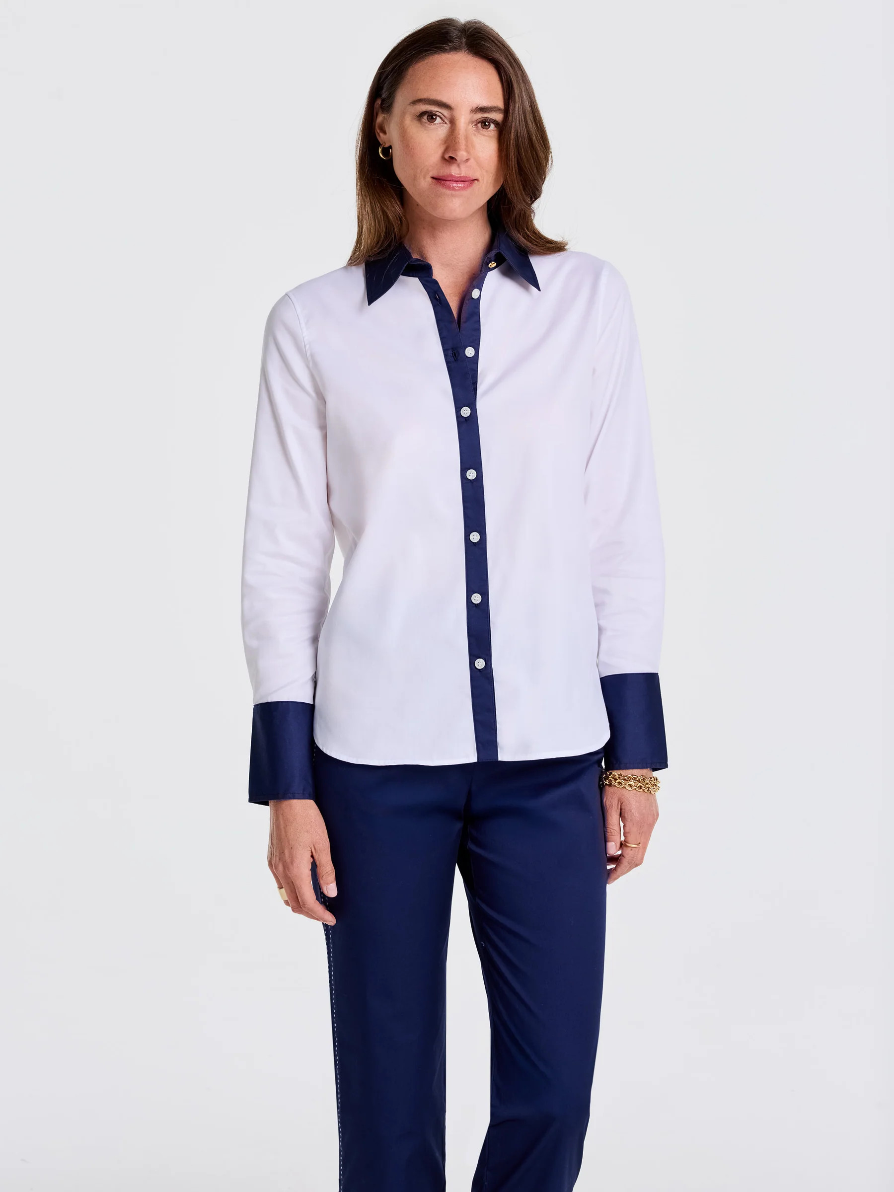 White/Navy Solid Karla Shirt | Women's Tops | J.McLaughlin | J.McLaughlin