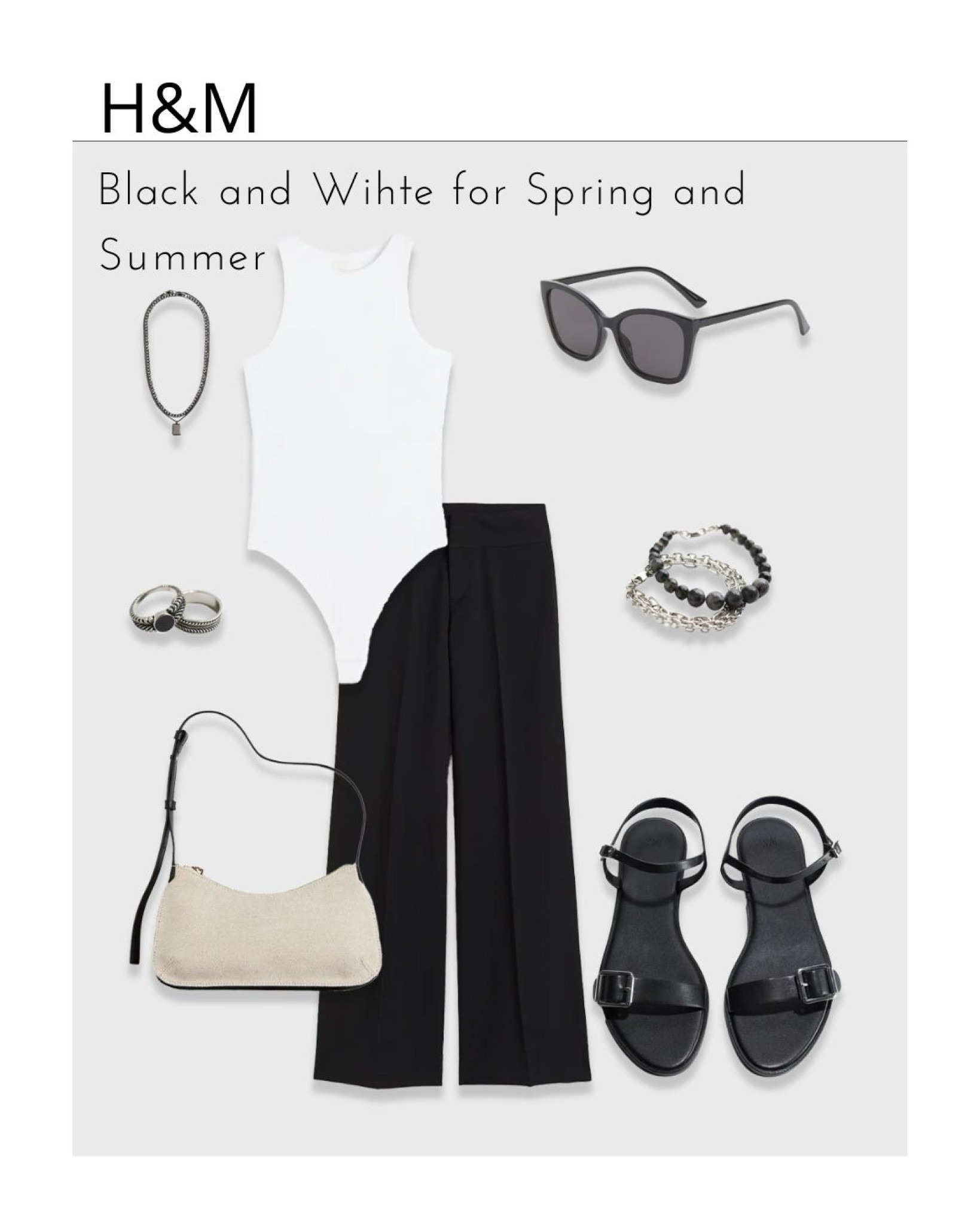 Monochrome Elegance: Embrace the timeless allure of contrast with this chic ensemble. Pairing a sleek white bodysuit with impeccably tailored black trousers exudes sophistication. Complement the ensemble with a lined beige and black shoulder bag for a touch of understated luxury. Elevate the look with silver and black accessories, adding a hint of modern edge. Complete the ensemble with comfortable yet stylish black flat sandals, perfect for a day of effortless elegance. #HighContrastFashion #MonochromeElegance #ChicStyle #BlackAndWhite #TailoredTrousers #ShoulderBag #SilverAccessories #FlatSandals #FashionInspiration