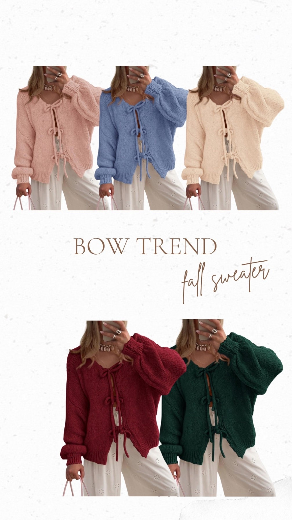 The bow sweater is trending for fall! Such a girly detail that is classic and flirty! Loving all these soft colors. #fallstyle #falloutfits

#LTKFallSale #LTKMidsize #LTKOver40