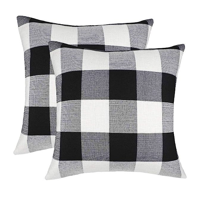 4TH Emotion Set of 2 Farmhouse Buffalo Check Plaid Throw Pillow Covers Cushion Case Cotton Linen ... | Amazon (US)