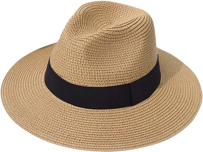 Lanzom Women Wide Brim Straw Panama Roll up Hat Belt Buckle Fedora Beach Sun Hat UPF50+ | Amazon (US)